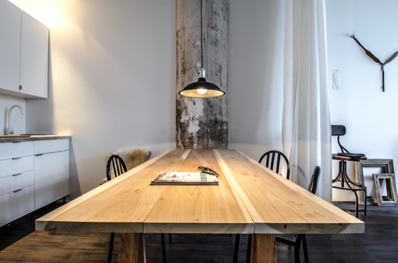 A hand-built wooden dining table.