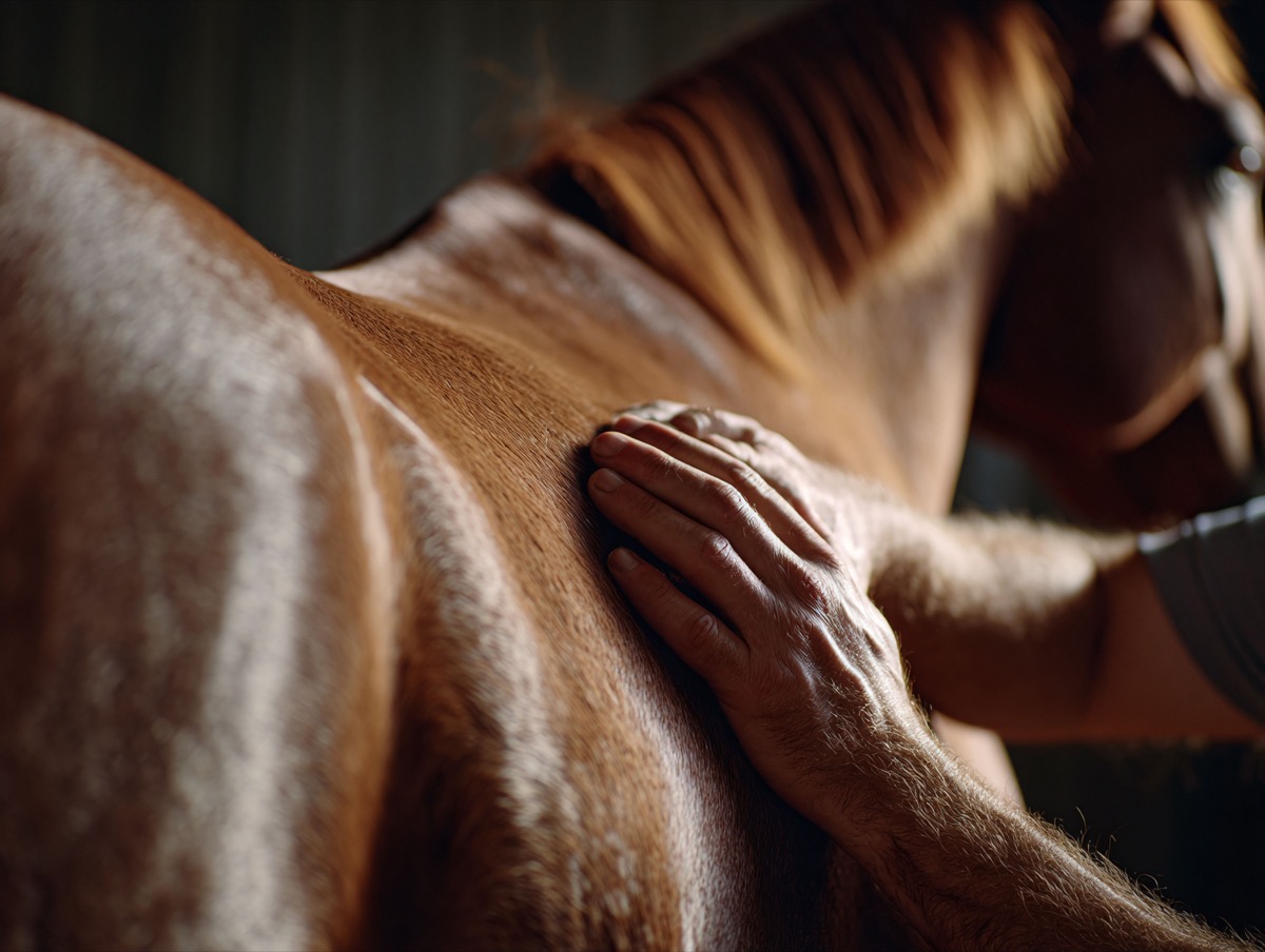 Hands resting on a chestnut horse's coat during an energy-healing session.