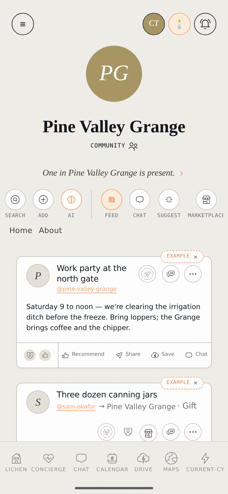 The Pine Valley Grange community page in the Lichen app: the community's masthead, a presence line, doors into Feed, Chat, Suggest and Marketplace, and a feed of neighborly posts — a work party, canning jars offered as a gift.