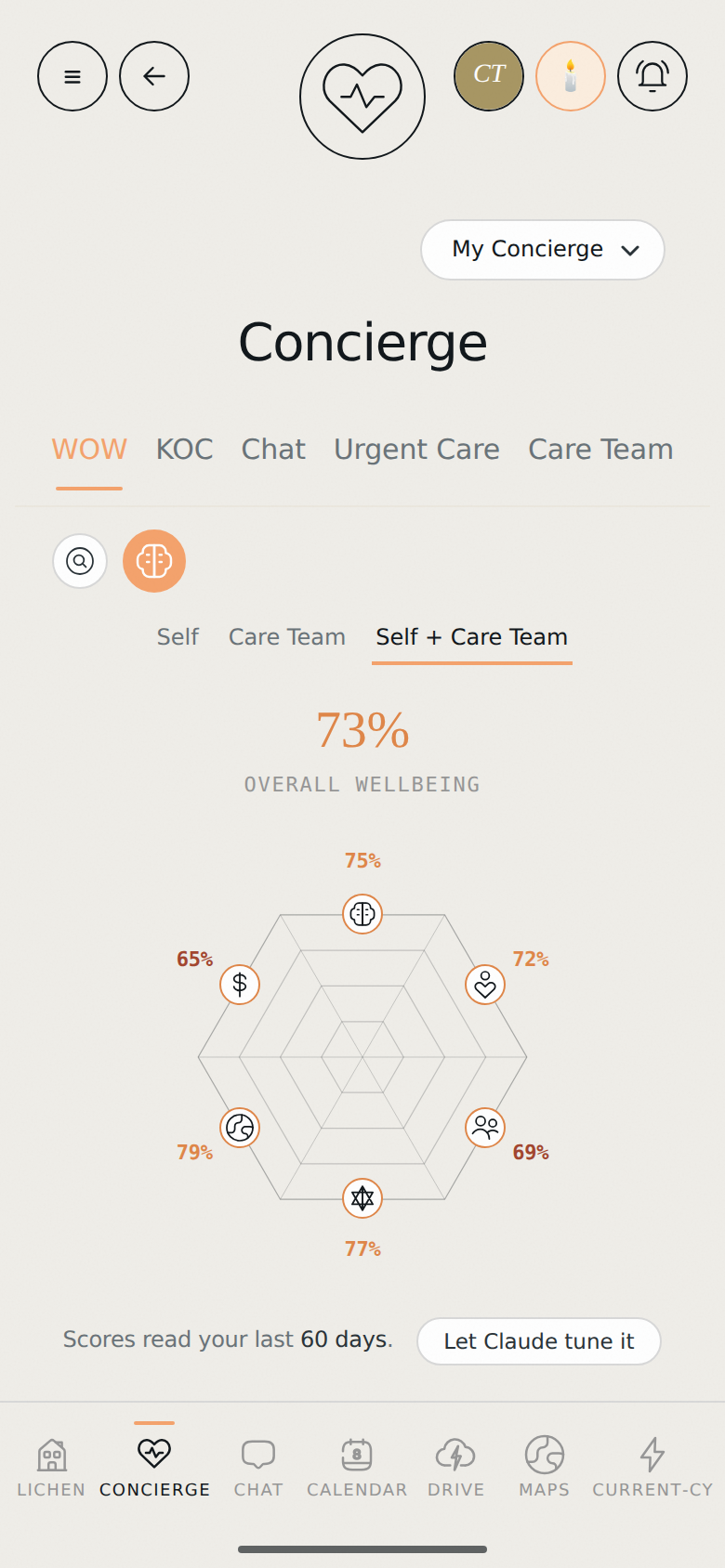 The Concierge board in the Lichen app: WOW, KOC, Chat, Urgent Care and Care Team tabs, three assessment lenses, an overall wellbeing of 73%, and the six-dimension Web of Wellbeing with a score at each point.