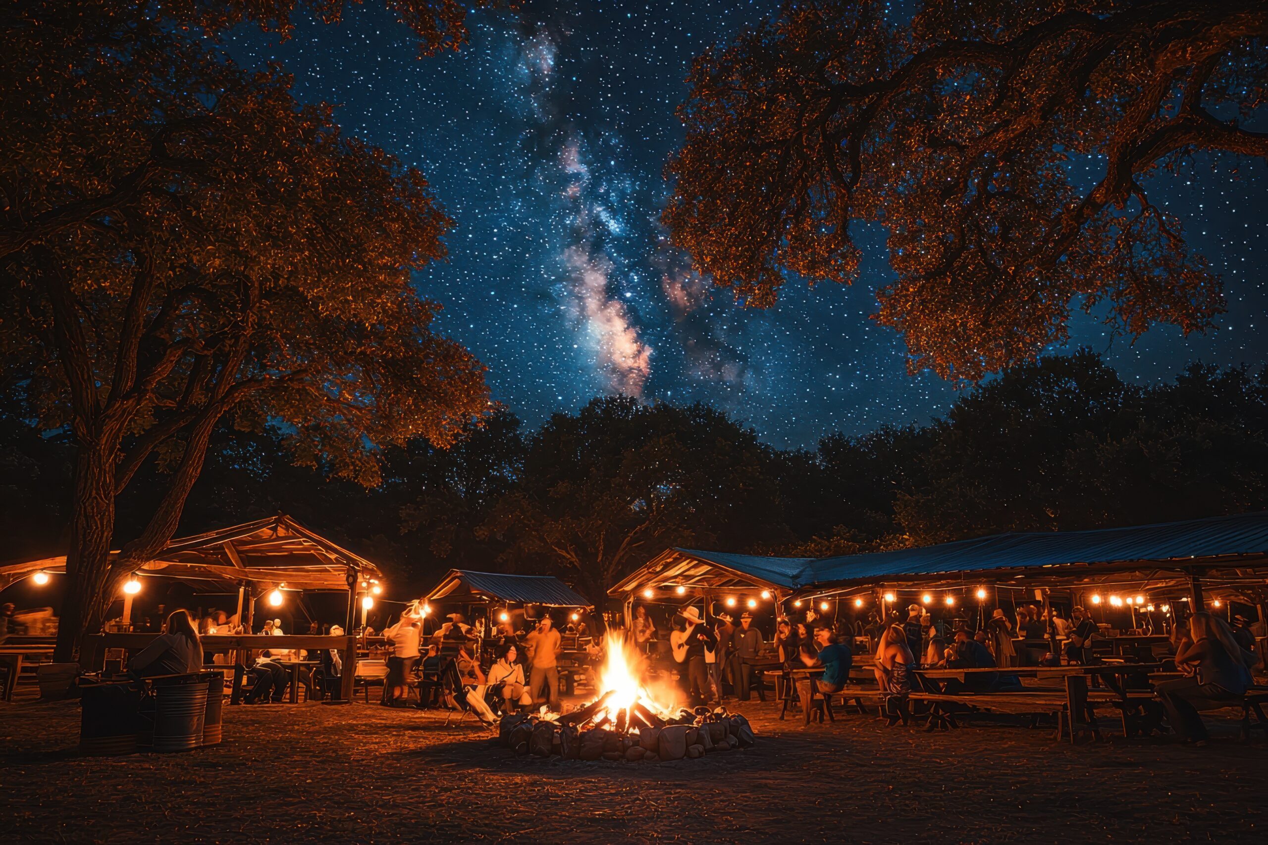 Outdoor cowboy gathering around a campfire under starry sky