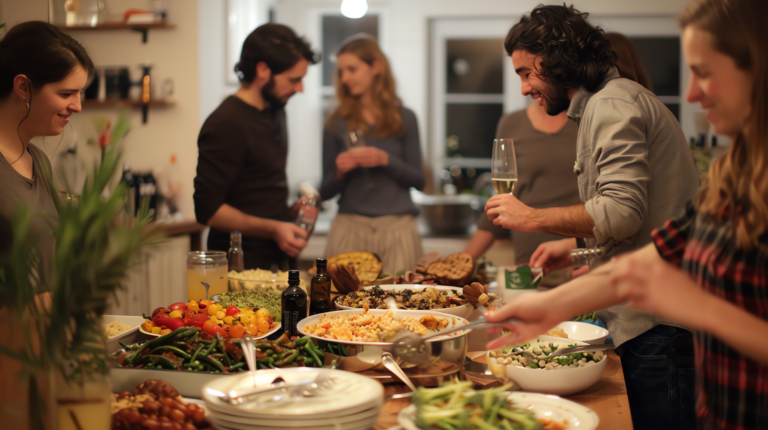 A group of people gather around a table filled with food at a potluck dinner.